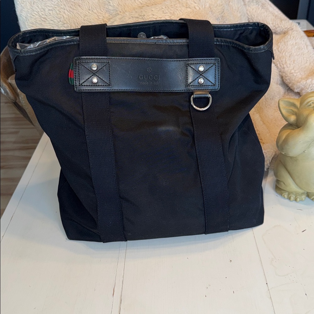 Authentic GUCCI Web Sherry Line Parana Tote Bag Nylon Leather Black